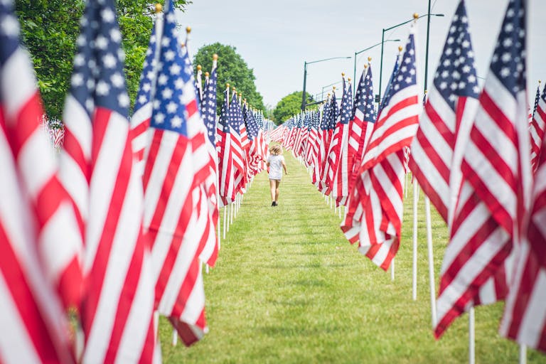 A child walks through a field lined with American flags on a sunny day, symbolizing freedom.