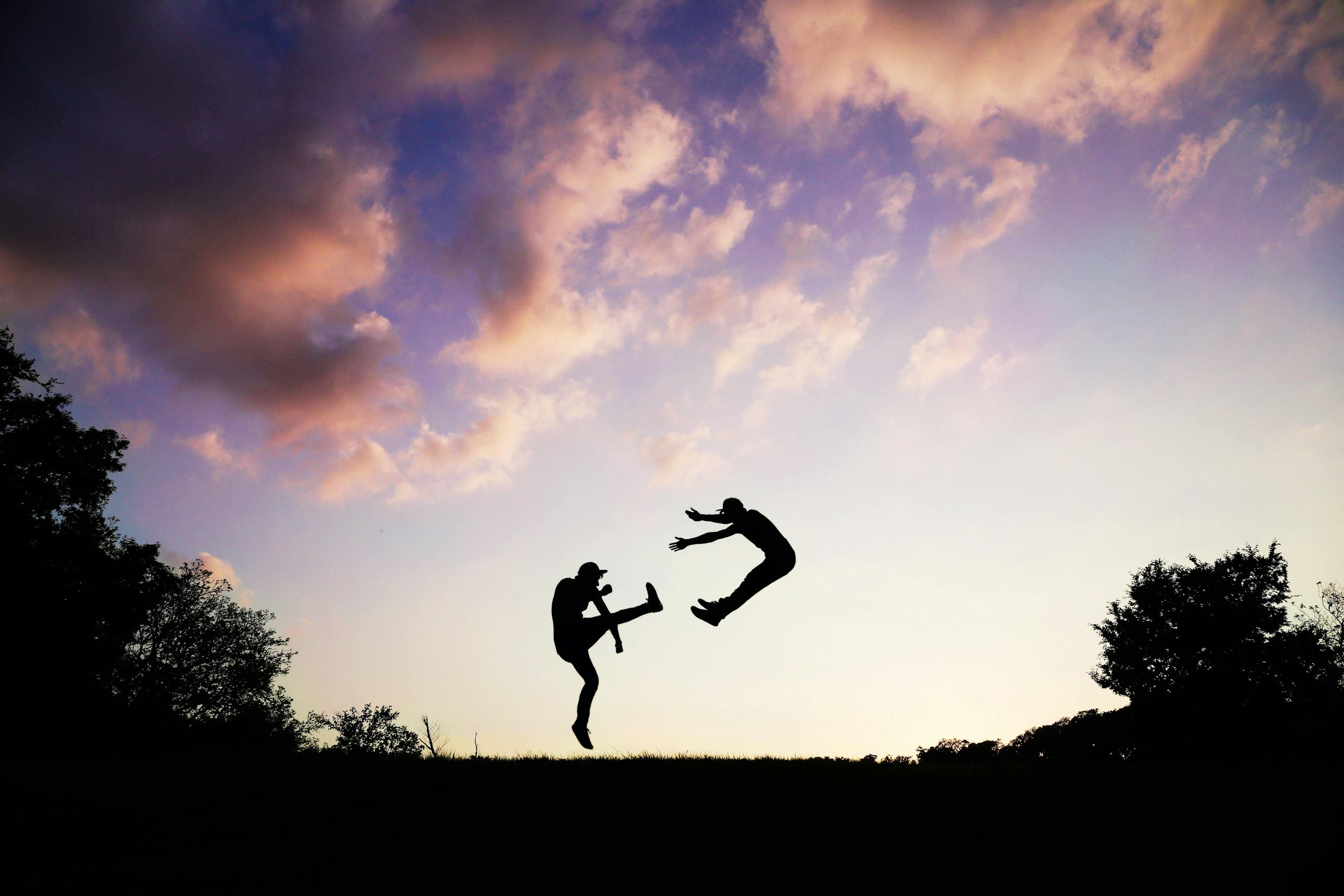 Silhouette of martial artists performing high jumps against a twilight sky.